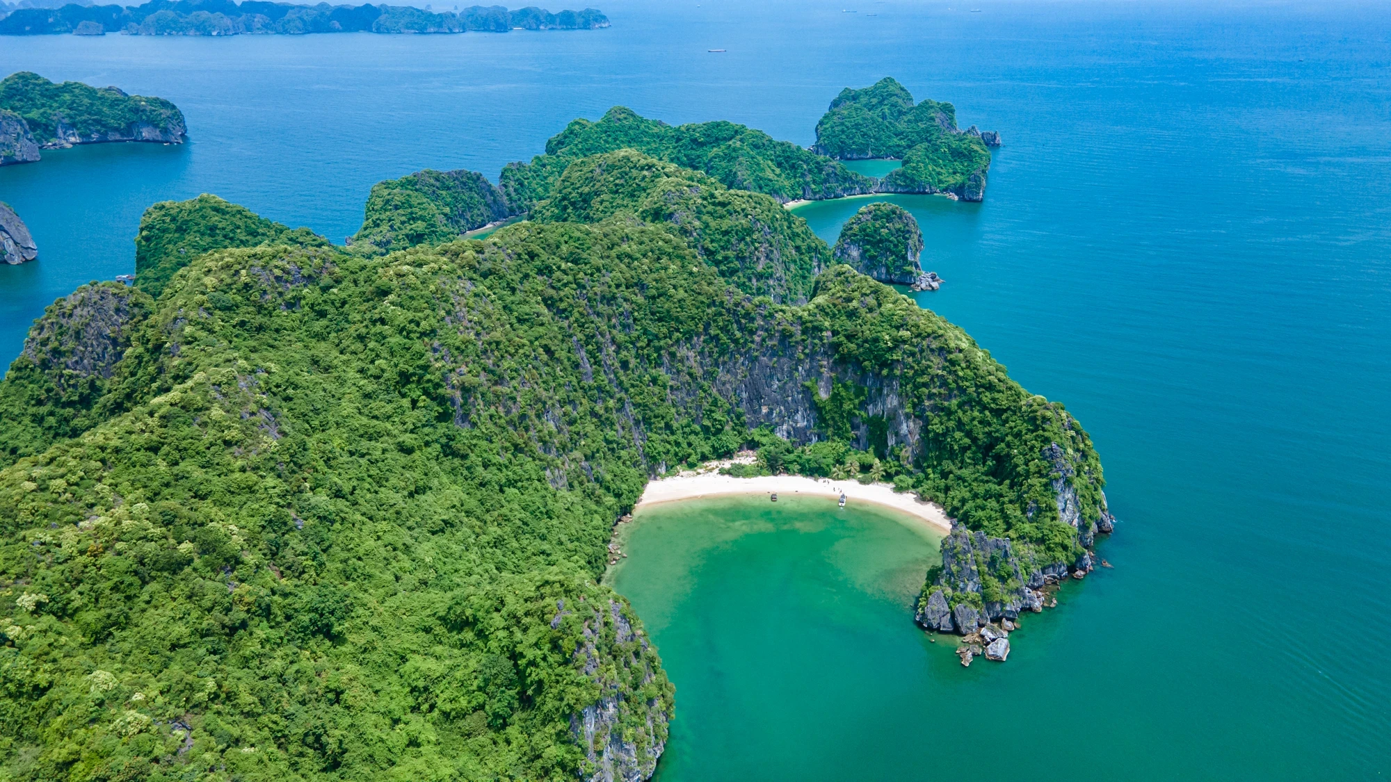 Green limestone islands and sheltered water in Lan Ha Bay